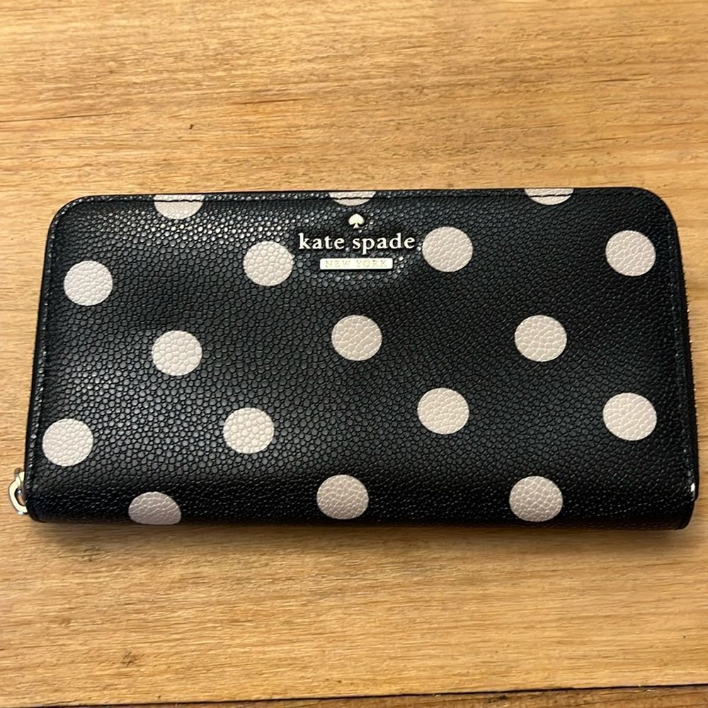 Kate Spade Polka Dot Wallet Black and Cream Coated Canvas Accordion Long Wallet
